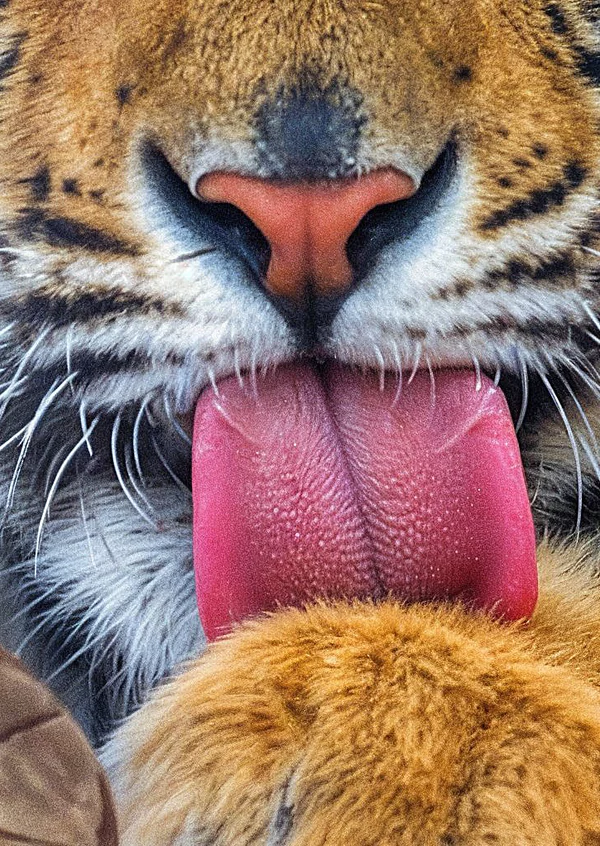 Vorwerk: Foto: Eine Nahaufnahme ein Tiger abgebildet, der sich mit seiner rauen Zunge das Fell leckt und rechts der Thermomix® Peeler.